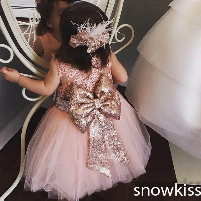 

New cute mid-calf pink sheer lace back toddler flower girl dress kids beauty evening prom ball gowns baby birthday party frocks