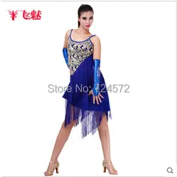 Костюмы для латиноамериканских танцев Танцевальный костюм пикантные Вышивка Платье с кисточками + 2 Прихватки для мангала 3 шт./костюм для