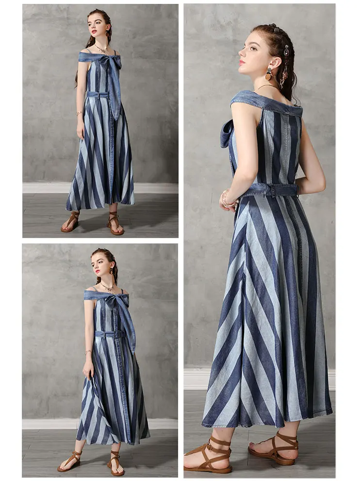 Летнее платье Yuzi. Мая Boho новые джинсовые женские платья с вырезом лодочкой открытые плечи А-силуэта в полоску Vestidos A82180 Vestido
