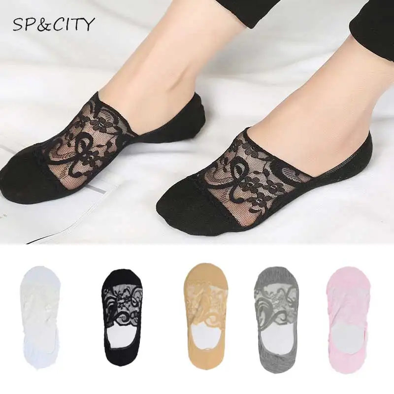 

Fashion Women Lace Boat Socks Slippers Soft Cotton High Heel Short Invisible Socks Female Thin Pink White Floral Slipper Socks