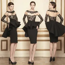 Dressgirl Schwarz Cocktailkleider 2017 Mantel Hoher Kragen Mit Langen Ärmeln Knielangen Satin Spitze Homecoming Kleider
