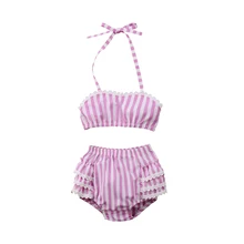 Розовый кружевной полосатый костюм бикини для девочек летний купальный костюм Пляжная одежда