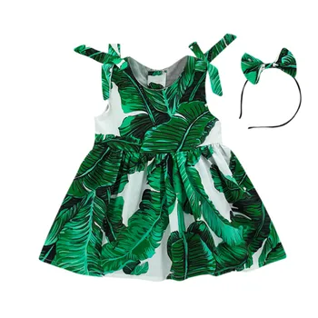 

Baby Green Girls Dress Headband Party Princess Kids Toddler Summer Print Clothes Birthday dress Outfits vestidos verano bebe