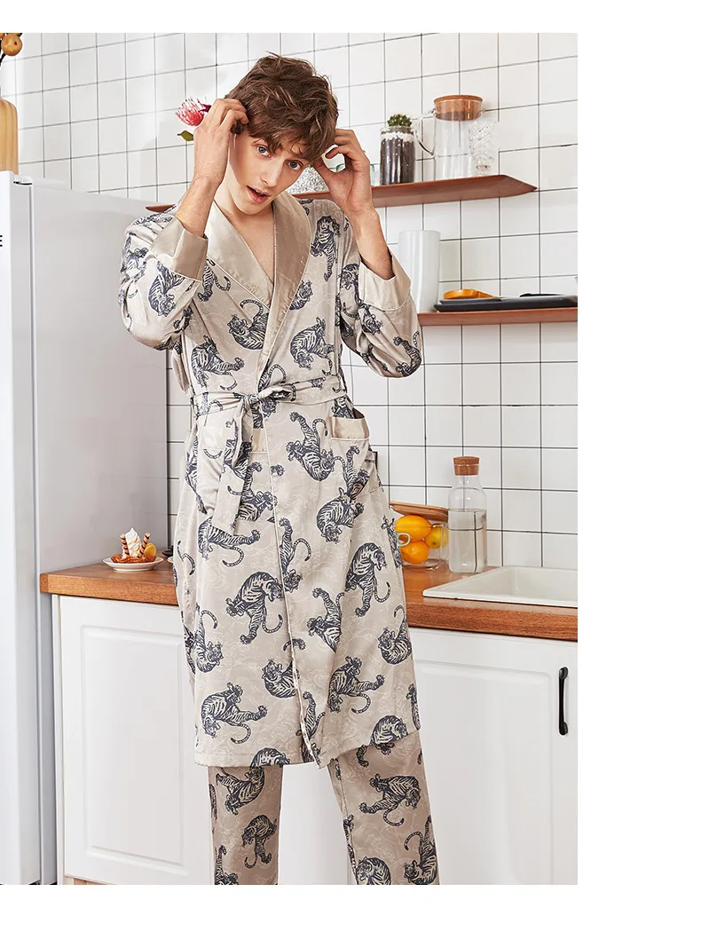 Hawiton Brand Autumn Satin Silk Men Pajamas Set Men's Luxurious Printed Sleepwear Suit Long Sleeve Bath Robe+ Pants Two Pieces