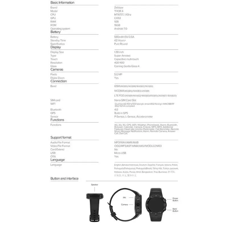 Zeblaze Thor 4 флагман г LTE gps SmartWatch Android 7,0 MTK6737 ядра 1 Гб+ 16 5.0MP 580 мАч г/3g/2 данных вызова часы для мужчин