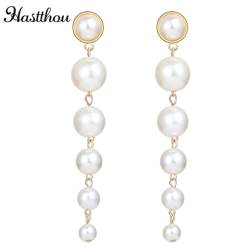 HASTTHOU длинные падение в заказ Pearl Длинные висячие серьги золото металл моды