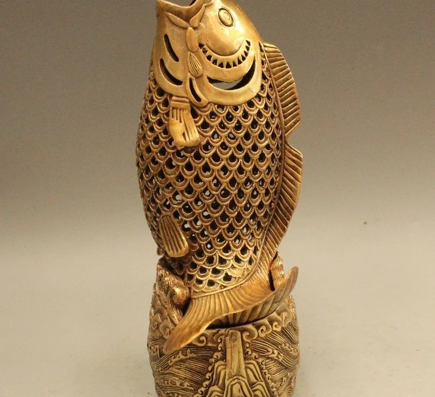 

8" Marked Chinese Dynasty Palace Brass Carp Fish Barracuda Incense Burner Censer