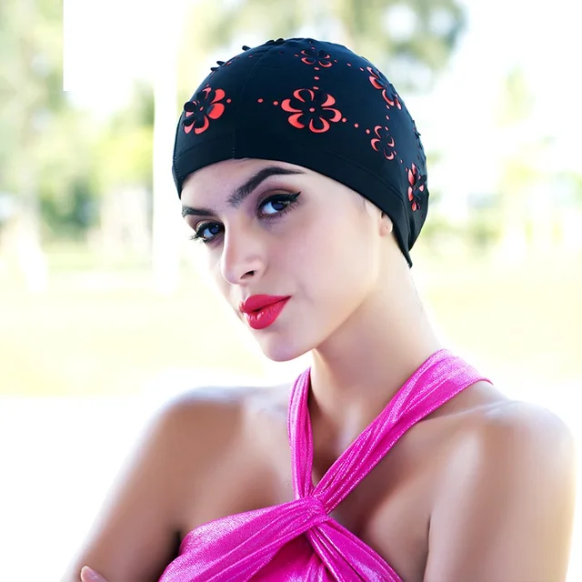 Women Girls Long Hair Swim Cap Stretch Hat Drape Bathing Hollow Out