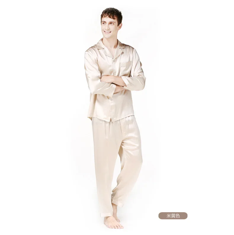 Новинка весны 100% шелк Мужская домашняя одежда с длинным рукавом сплошной цвет модные мужские пижамные комплекты для мужчин Благородный