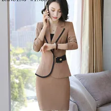 Осенняя мода тонкий длинный рукав Блейзер Пальто и официальная юбка костюм из двух частей женские комплекты одежды