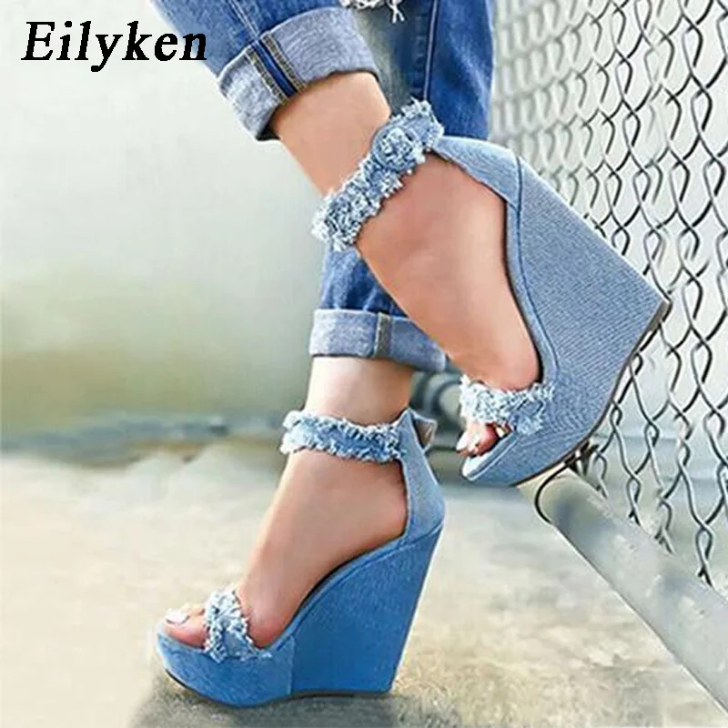 

Eilyken 2018 New Summer Blue Denim Sandals High Heel Platform Wedges Sexy Zip Female Women Sandals Size 35-40