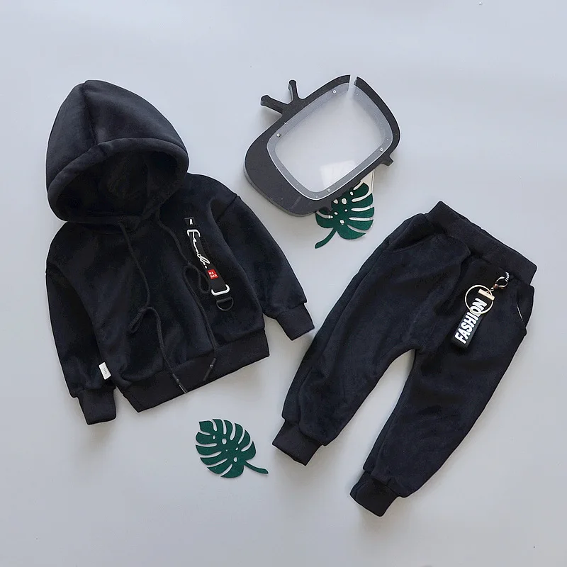 

Winter Baby Clothes Set Long Sleeve Fleece 1-3Y Letter Boys Hooded sweatshirt+ velvet Pants 2pcs Thick Warm Suits