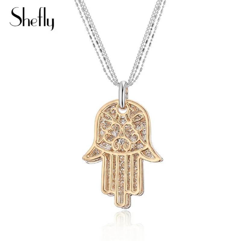 

Hamsa Pendants Necklace For Women 2018 New Arrival Vintage Gold Luck Big Charm Fatima God Hand Palm Statement Long Necklace