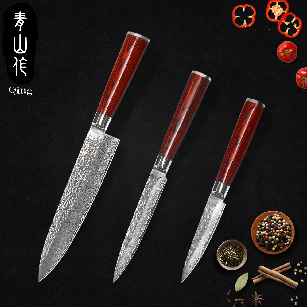 

QING Utral Sharp Japan Damascus Steel Knives Set Fruit Utility Chef Knife No Distortion Color Wood Handle 3-pieces Kitchen Tools