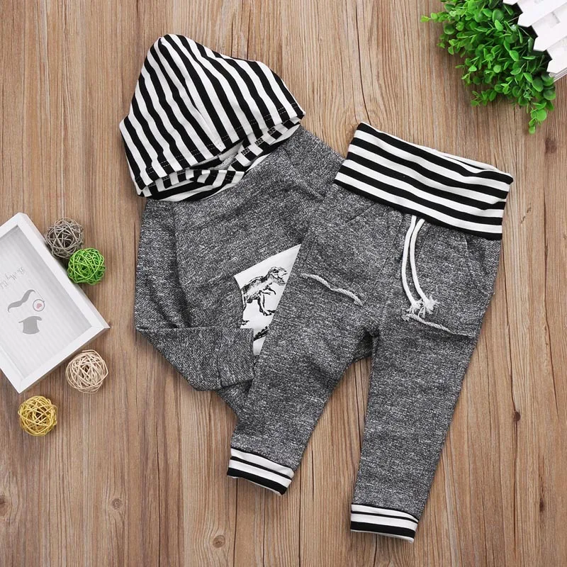 Pudcoco/хлопковый комплект одежды с принтом динозавра для новорожденных мальчиков; полосатые толстовки с длинными рукавами; пальто; длинные штаны