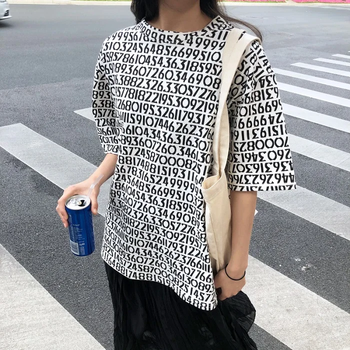 

Obrix 2019 New Casual Style Female Cotton T-shirt Number Print Summer Spring Loose O-Neck Tee For women