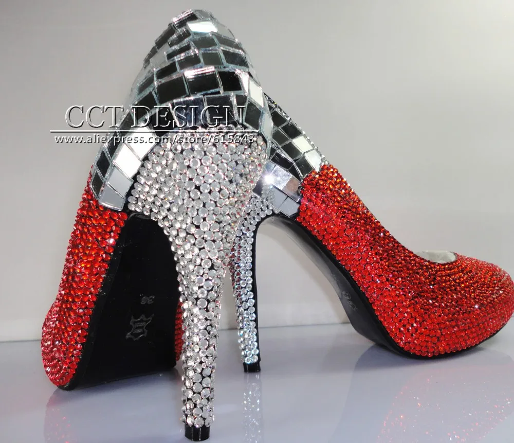 2017 women sexy high-heeled red Rhinestone high platform mirror wedding pumps shinning crystal 10cm bride pumps
