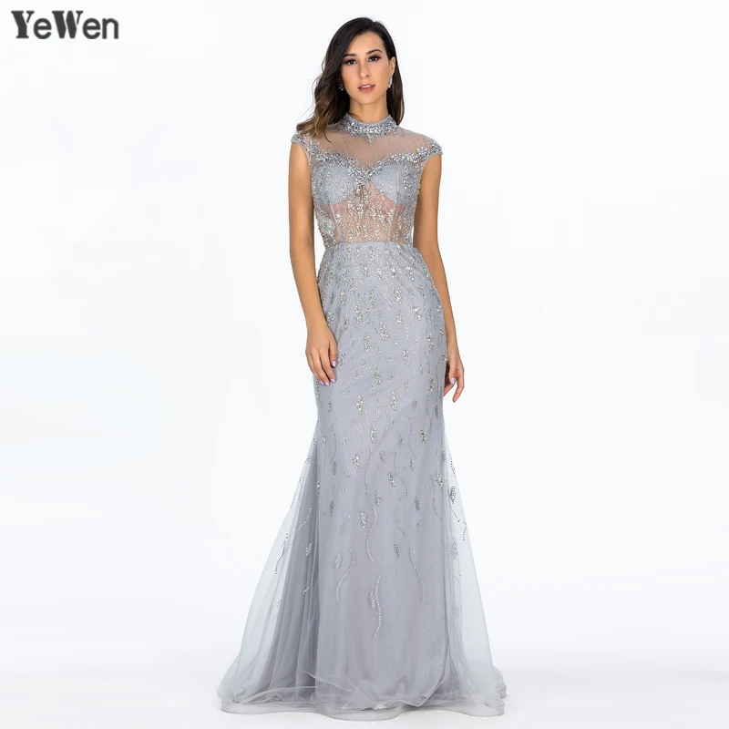 

2019 Gray Long evening dresses Built in bra Printing Sleeveless Backless formal dress vestidos de noche largos elegantes YM20003