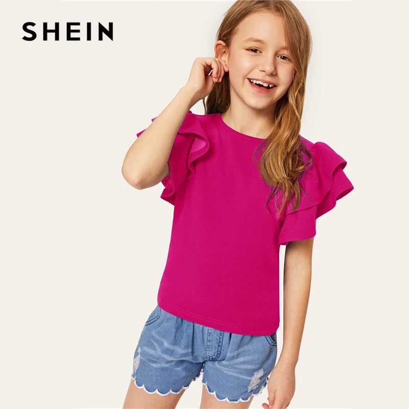 SHEIN kids/однотонная повседневная детская блузка с оборками и многослойным рукавом; коллекция года; сезон лето; милые блузки с рукавами-крылышками; топы для девочек-подростков