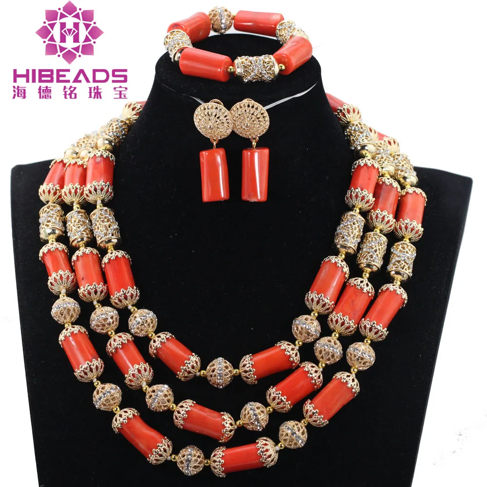 Fashion Nigerian Wedding African Beads Jewellery Set Coral Statement