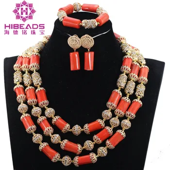 

Fashion Nigerian Wedding African Beads Jewellery Set Coral Statement Necklace Set Nigerian Brides QW1126