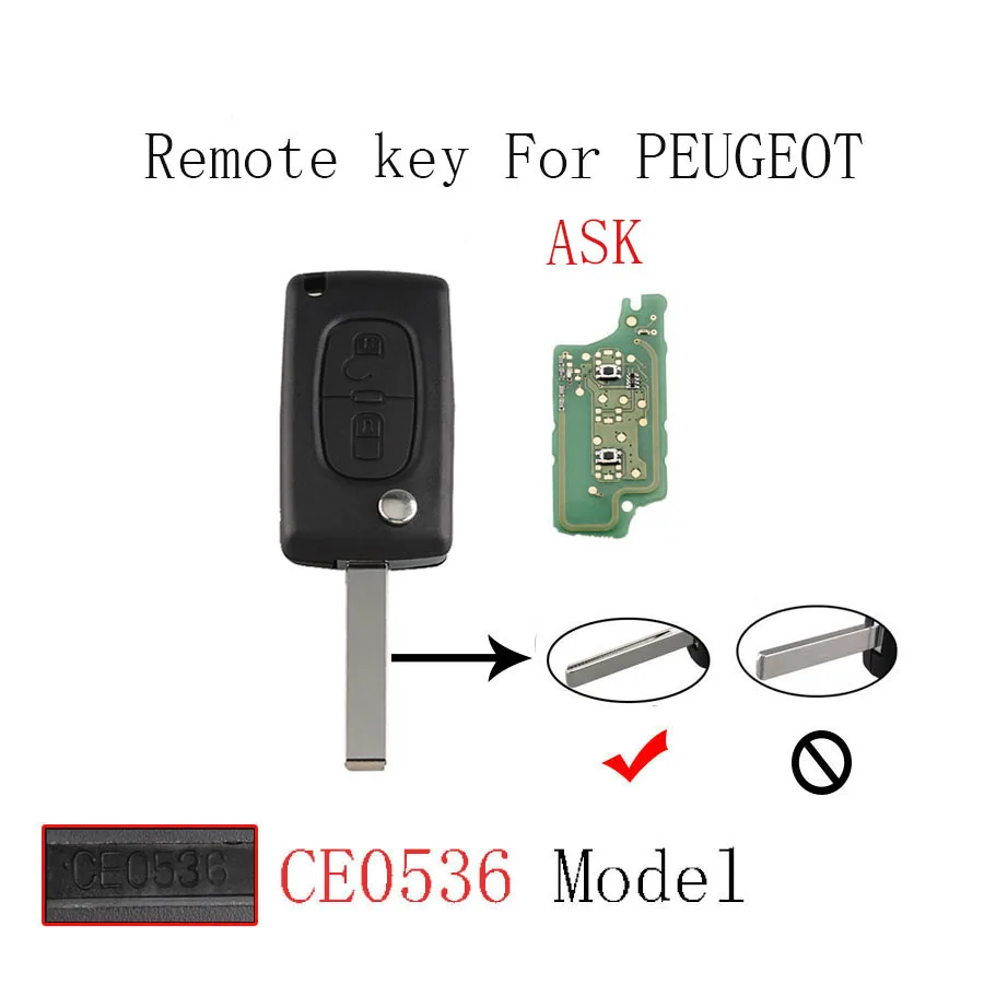 

433MHz Remote Control For Peugeot 207 208 307 308 407 408 507 607 Keyless Fob 2 Buttons ID46 PCF7961 chip Blade with Groove