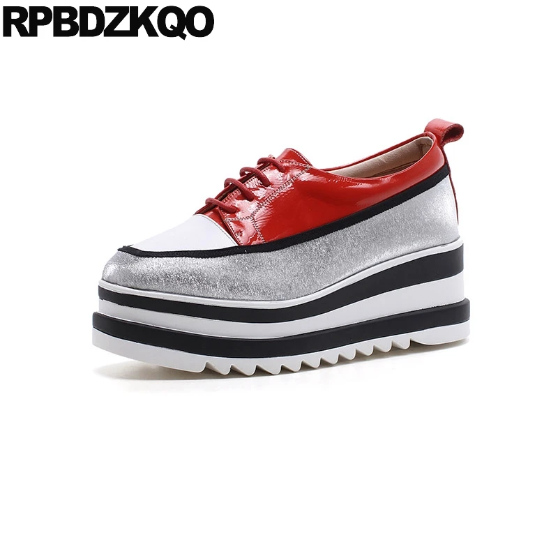 

Wedge Genuine Leather Creepers Platform Shoes Red Patent Lace Up Harajuku Yellow Luxury Square Toe Women Thick Sole Elevator