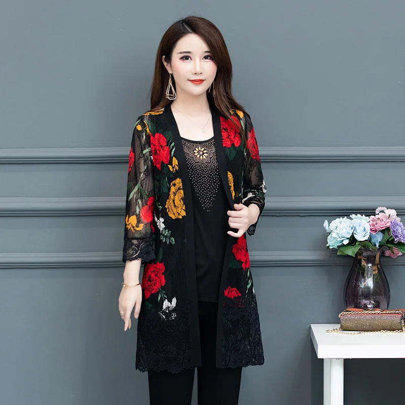

new Spring and summer woman silk cloud jacket woman nine-point sleeve baseball uniform women's printed coat plus size S-5XL
