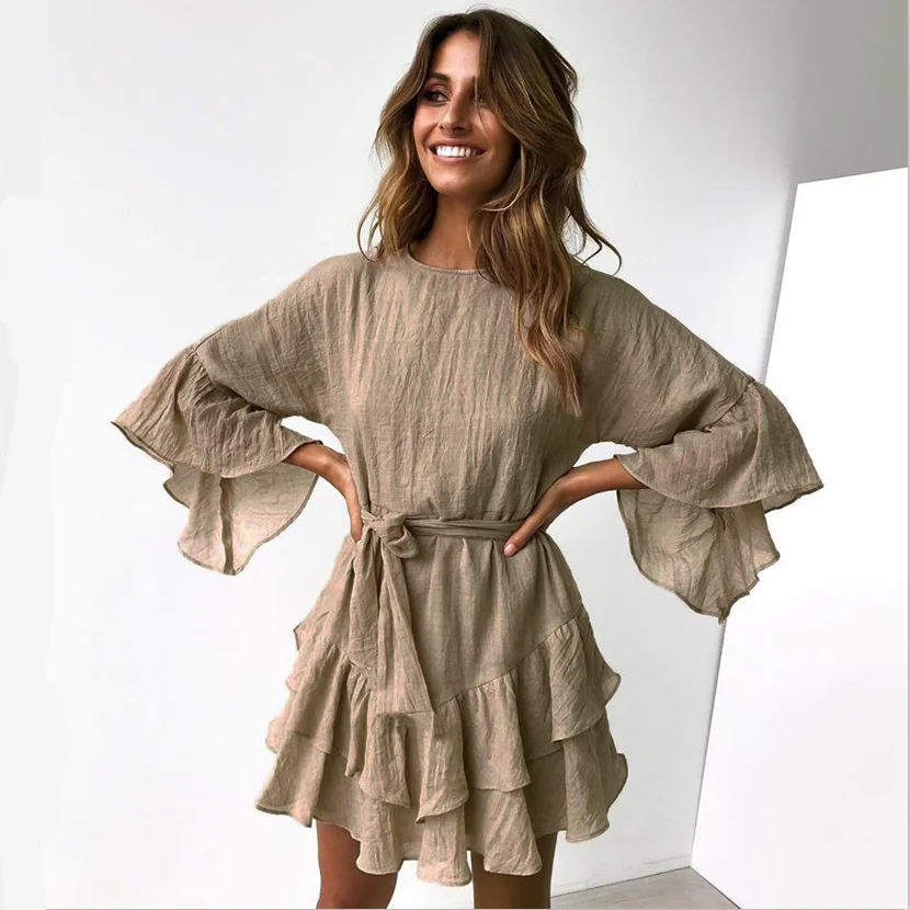 

Spring 2019 Ruffles Long Sleeve O-Neck Mini Dress Casual Women White Dress Loose Vintage Women Streetwear Ladies Short Dresses