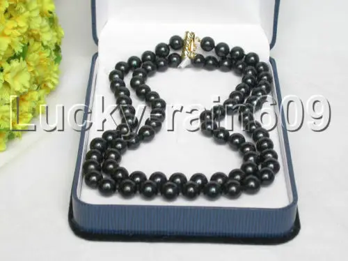 

FREE SHIPPING AAA 16-17" 2row 11mm round jet black pearls necklace 14KGP/20 clasp e1556
