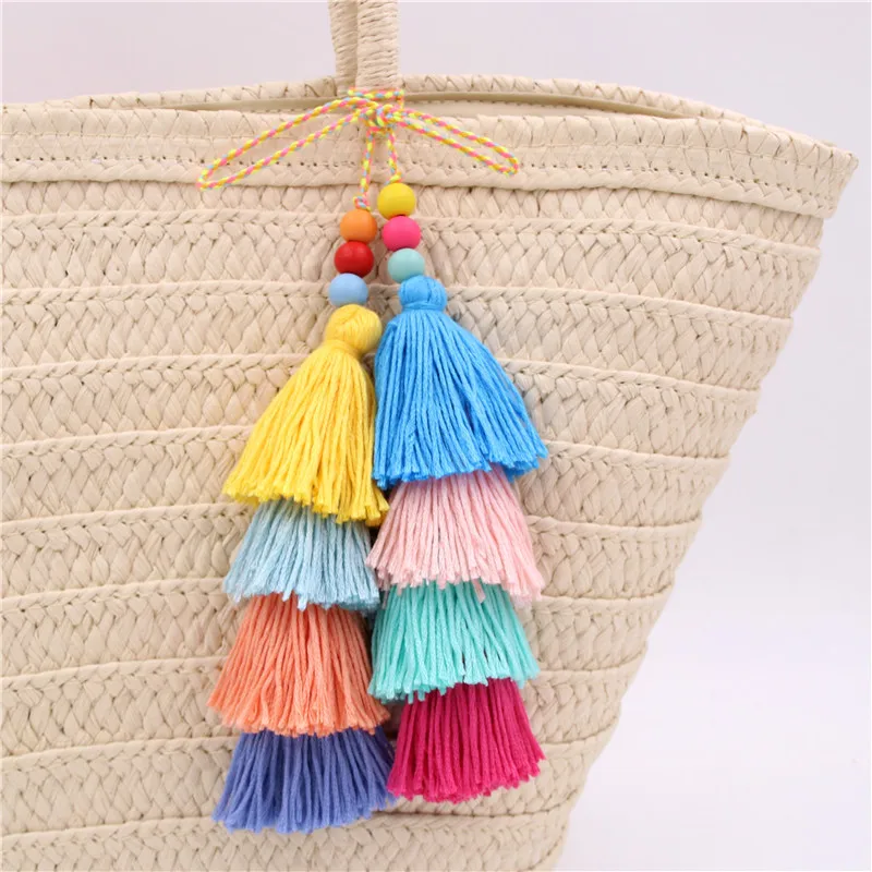 colorful pom pom tassels Bohemian bag hanger Purse Bag Accessories for beach straw bag handbag ...