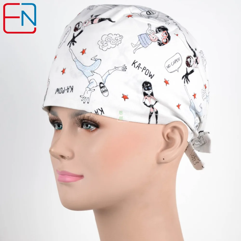 Новые хлопковые скраб шапки маска для женщин больницы медицинские шапочки мультфильм печати Tieback регулируемые Хлопковые женские хирургические шапки маски