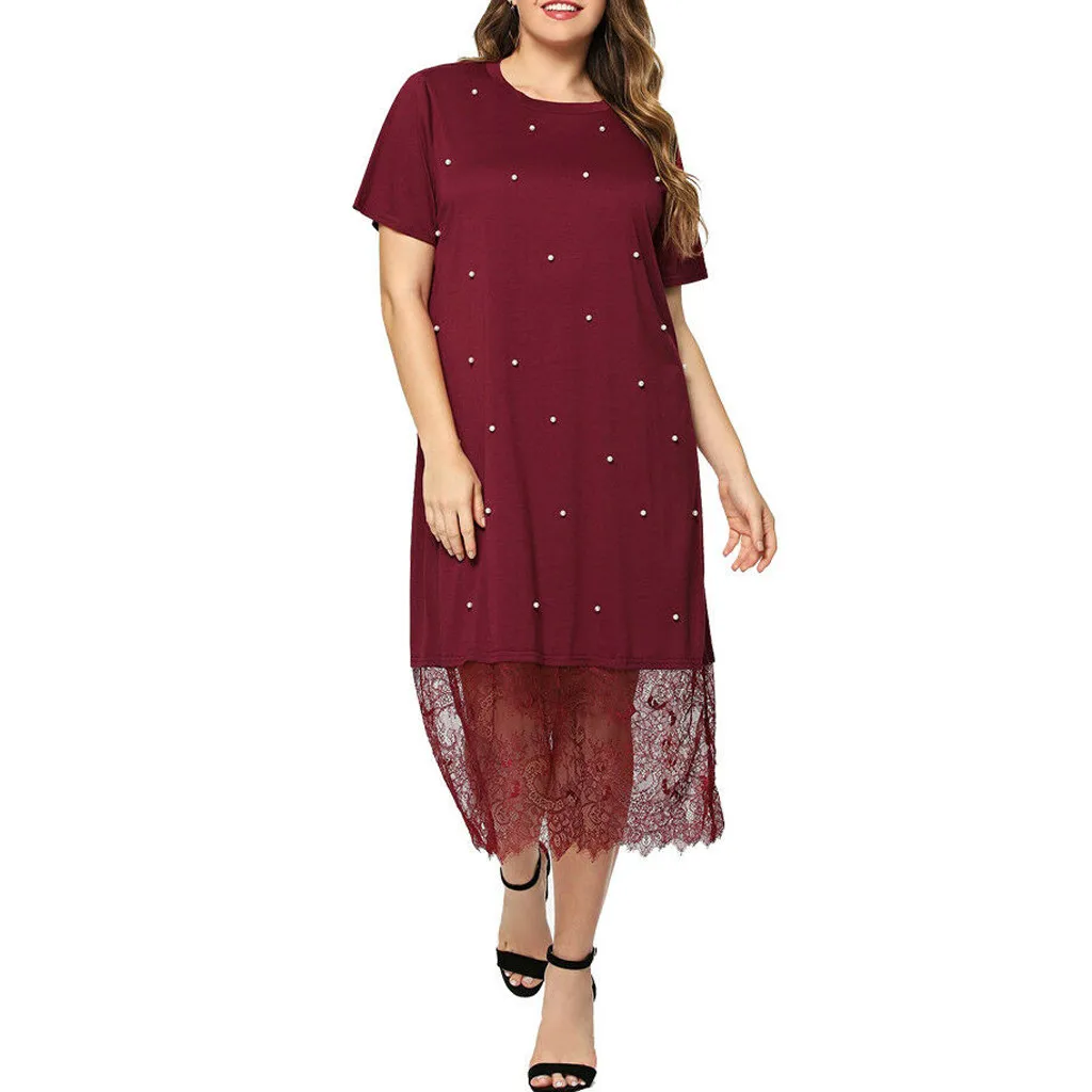 

2019 Fashion Large Size Round Neck short-sleeved Dot Print Stitching Lace Dress women's New Summer Dress Women Plus Size
