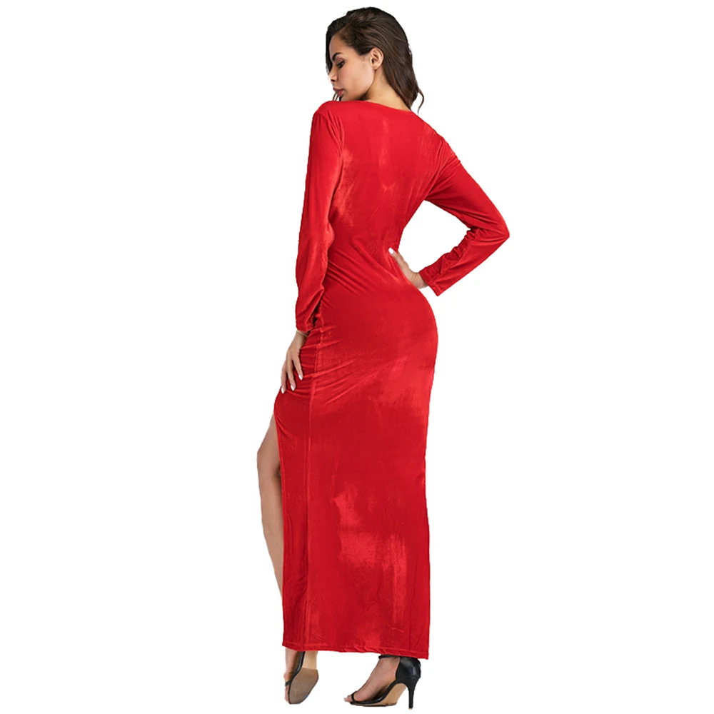 Hot Red Split Maxi Dress Plus Size XXL Women Autumn Long Sleeve Party Dresses Sexy V Neck Long Elegant Evening Wrap Velvet Dress (6)