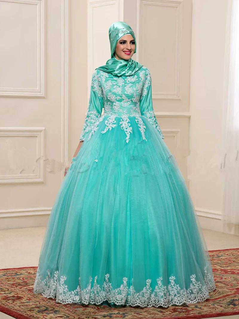 Wedding Turquoise Wedding Dresses online buy wholesale turquoise wedding gown from china charming ball muslim dresses 2017 high neck appliques pattern beading court train