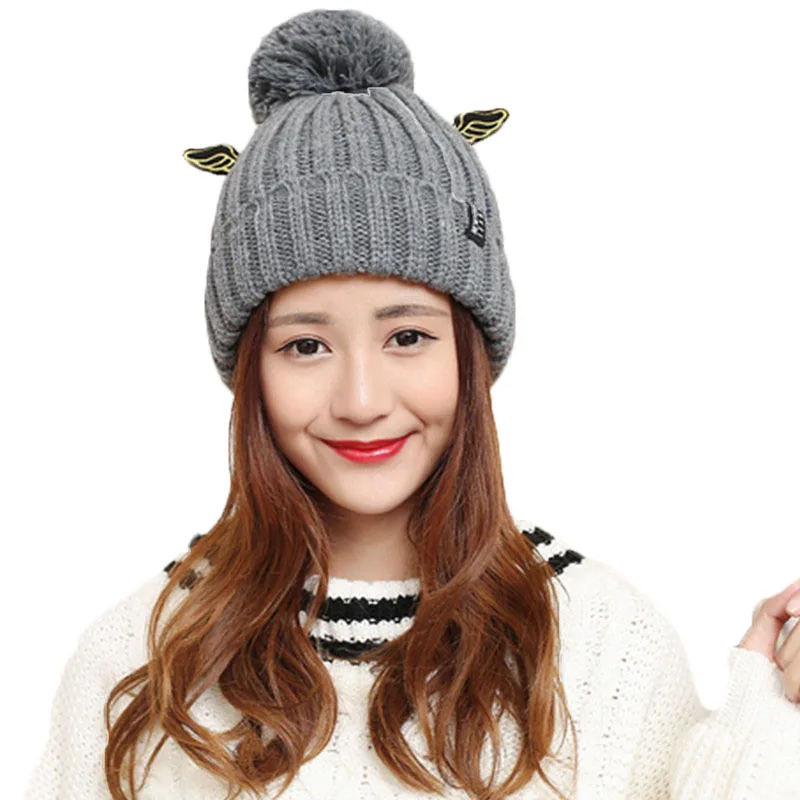 2017 Autumn Winter Women's Fashion Cap Skullies Women Warm Knitted Hat Bonnet Caps Thicked Small Devil Wings Female Hats 