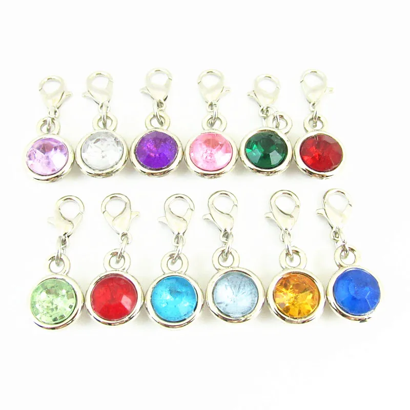 

Hot selling Silver 12 Month Round Crystal Birthstone Charms Dangle Charm With Lobster Clasp for DIY Jewelry Making 12pcs/lot