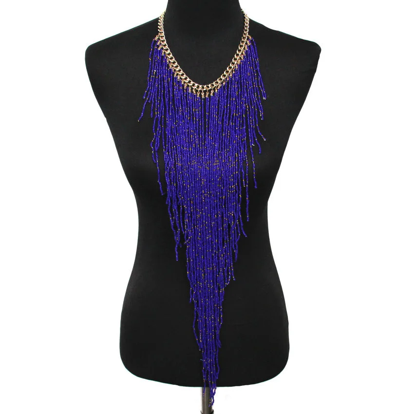 MANILAI Bohemian Style Design Women Fashion Charm Jewelry Resin Bead Handmade Long Tassel Statement Link Chain Choker Necklace