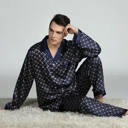 Новый Для мужчин шелковый атлас пижамы для девочек пижама с длинными рукавами, комплект из двух предметов, пижама Пижамный костюм мужской