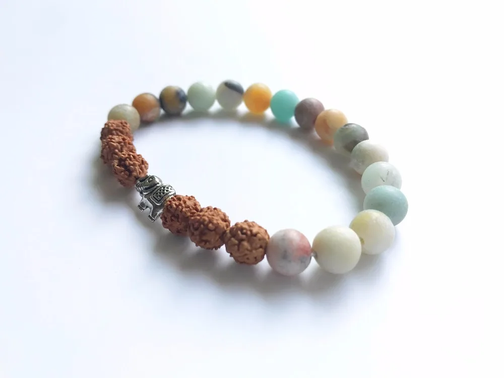 Matte Amazonit Armband Natur Rudraksha Armband Elefanten Armbänder Yoga Mala BeadsWrist armbänder Geschenk Für Freundin – Detail 4