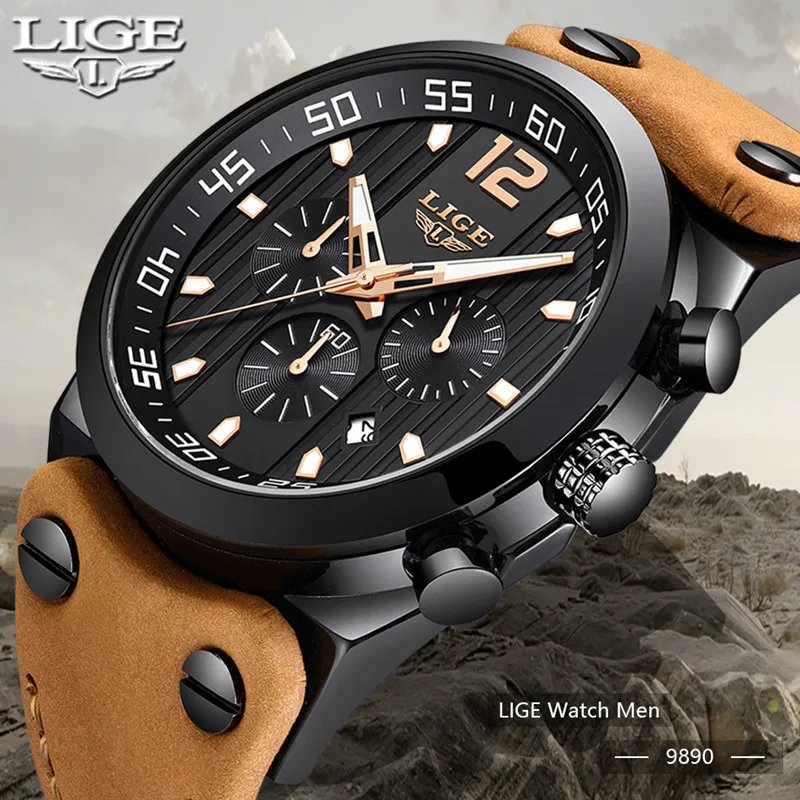 

Latest Model LIGE Waterproof Luxury Quartz zegarek meski Brown Leather Strap Chronograph Brand Top Sport relogio masculino+Box