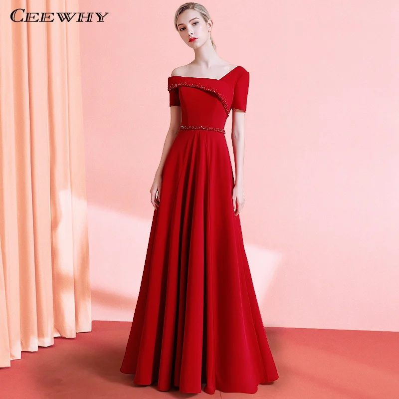 Женское вечернее платье с коротким рукавом CEEWHY Красное длинное бусинами Vestido de