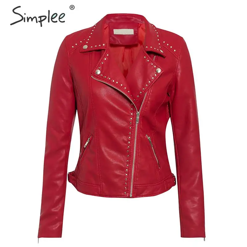 Simplee Искусственная кожаная куртка женская длинным рукавом кожаная верхняя одежда асимметричная мотоциклетная женская куртка пальто - Цвет: Красный