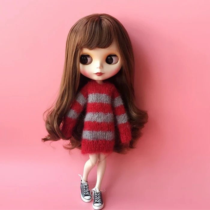 T02-X008 Blyth Doll clothes 1/6 dolls Accessories handmade long type stripe Sweater red grey color 1pcs | Игрушки и хобби