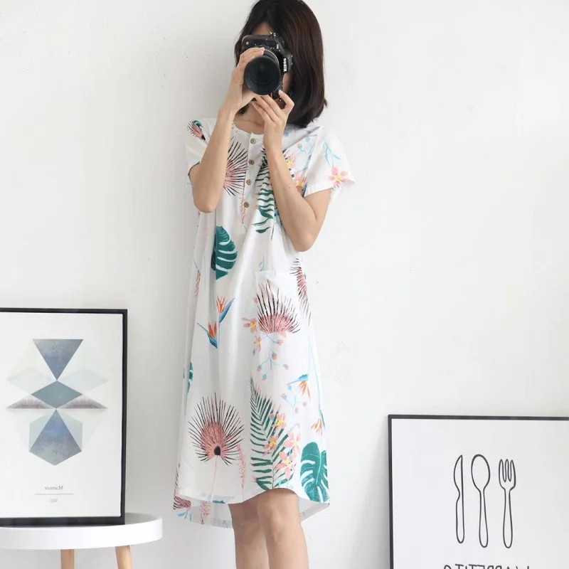 

Soft Breathable Noil Poplin Night Dress Summer Short Sleeve Plus Size Sleepwear Women Homewear