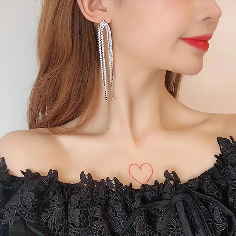 

Korean New Fashion Rhinestone Tassel Long Drop Earrings For Women Personality Wedding Party Jewelry Large Earrings