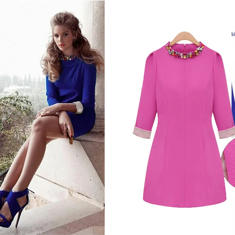 

Free shipping T2014 round collar render neckline set auger 7 minutes of sleeve cultivate one's morality dress