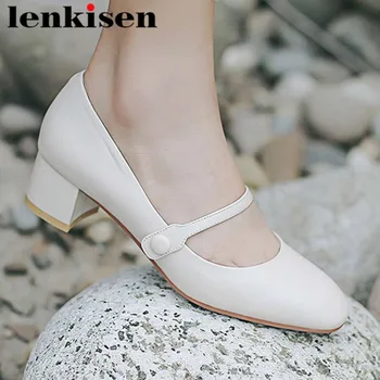 

Lenkisen cow leather chunky med heels square toe comfortable concise style high fashion simple style slip on holiday pumps L72