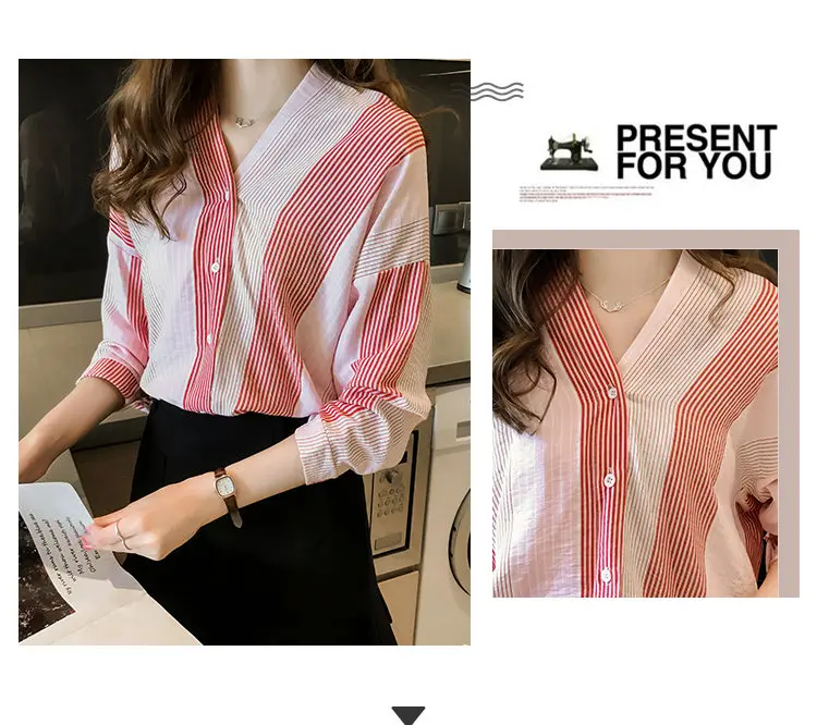 2019 Autumn Women's Striped Shirts Womens Tops And Blouses Fashion Long Sleeve Shirt Plus Size V-neck Blusas Chemise Femme (2)
