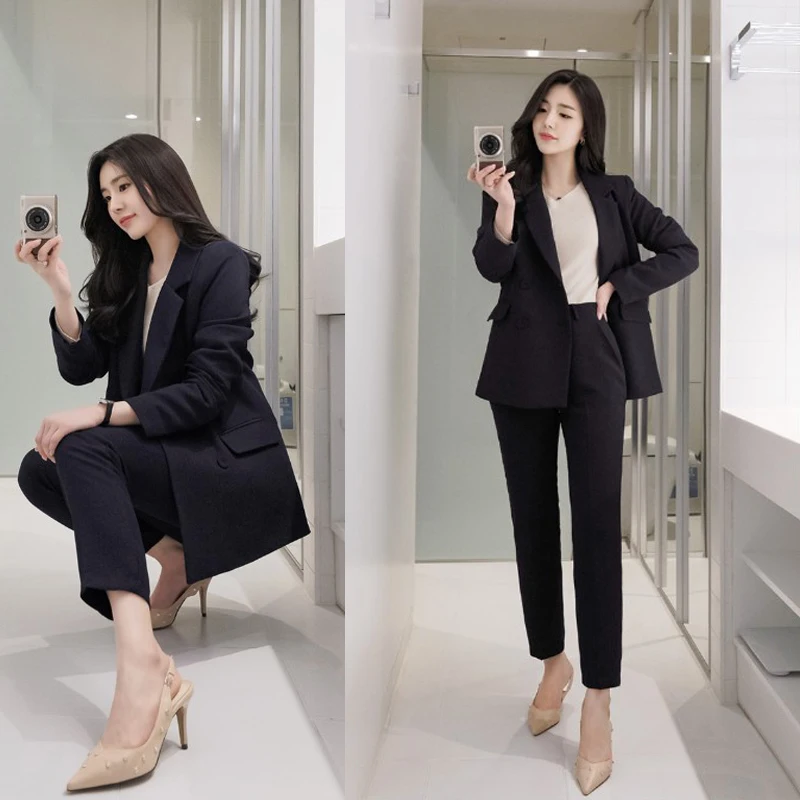 

2019 winter new high quality fabric black suit Casual long women's blazer Pants suit ladies two-piece suit Office suite